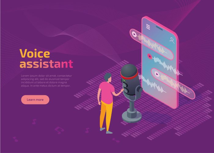 Voice assistant landing page or web banner. Vector isometric man user stand at big smartphone with microphone. Speaker command speech recognition smart app. Soundwave intelligent technologies concept